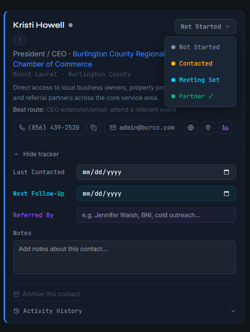 Contact tracker showing status dropdown, follow-up dates, notes, and activity history